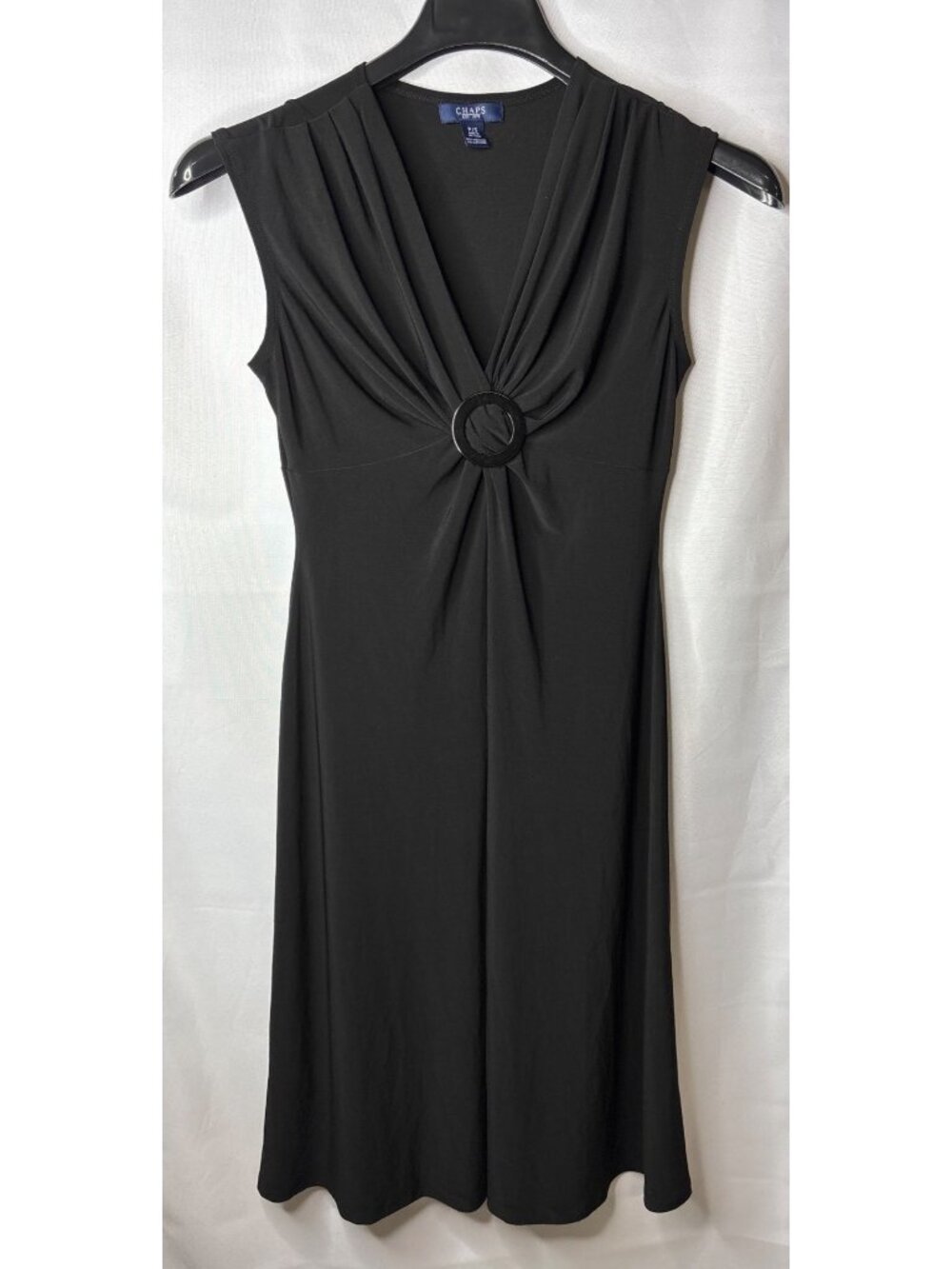 Chaps Midi Sheath Dress Size PS Gathered V Neck Sleeveless Black